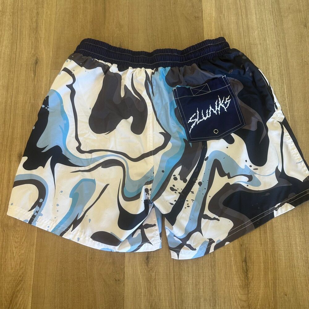 SLUNKS Men's Large L Lined Volleyball Athletic Shorts "Blue Swirl" abstract marb